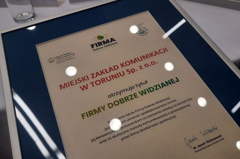 Miejski Zakład Komunikacji w Toruniu uzyskał tytuł „Firma Dobrze Widziana”, przyznawany przez Bus...
