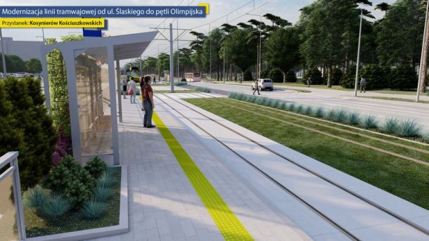 wizualizacja zmodernizowanego przystanku tramwajowego z widocznym peronem i torowiskiem tramwajowym wybudowanym w technologii zielonej