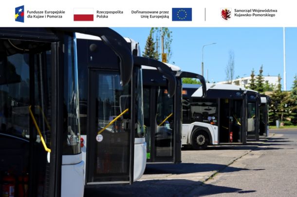 miejskie autobusy elektryczne pojazane z boku, stojące w szeregu. Autobusy są koloru białego.